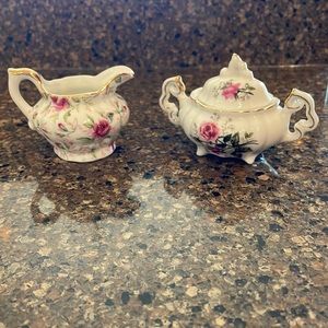 Vintage Lefton Rose Chintz Miniature Cream and Sugar set Pink Gold Trim Complete